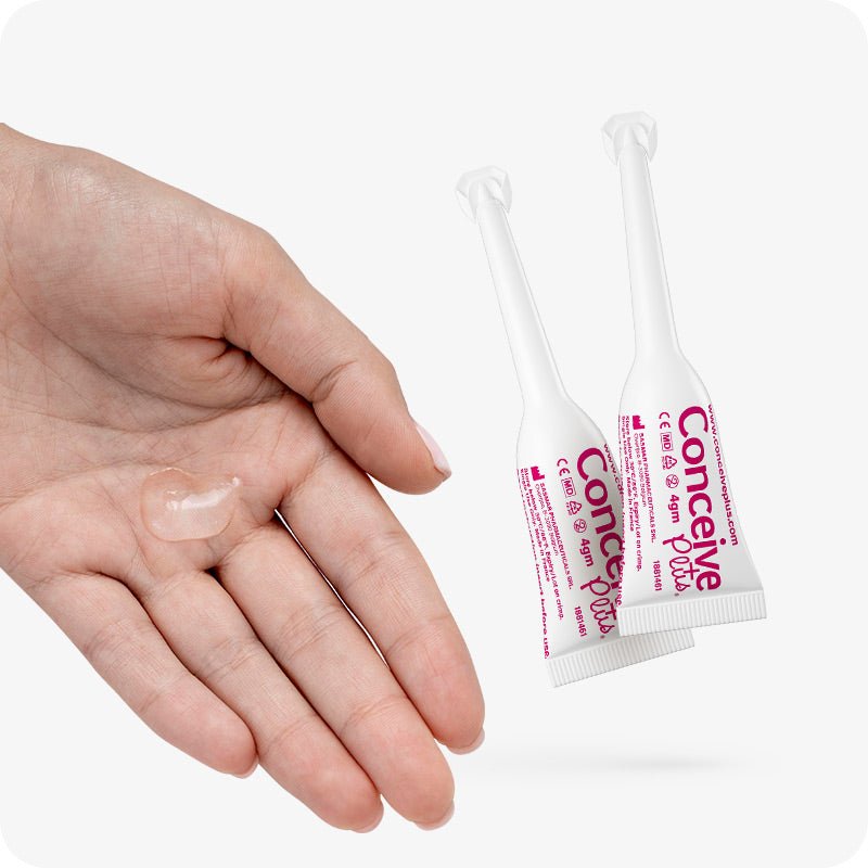For Conceive Plus Duo Combo Fertility Lubricant Bundle, the image displays a female hand holding a clear sample of lubricant with three 4g pre-filled applicators arranged beside it. Each applicator is labeled with the Conceive Plus branding and dosage, visually supporting the product’s intended use for couples trying to conceive.