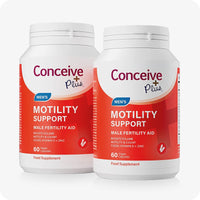 Conceive Plus Max Couples Fertility Bundle product featuring a 2-pack of Men’s Motility Support supplements with red labels, each bottle containing 60 vegan capsules formulated to boost sperm motility, volume, and count with CoQ10, Zinc, and Vitamin D, shown on a clean white background.