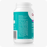 Conceive Plus Max Couples Fertility Bundle featuring side view of Women’s Ovulation Support supplement bottle with teal label, featuring detailed cautionary statements, distributor contact information, and barcode, displayed on a white background.