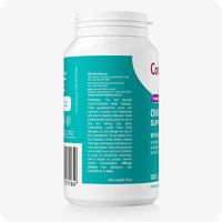 Conceive Plus Max Couples Fertility Bundle featuring side view of Women’s Ovulation Support supplement bottle with teal label, featuring detailed cautionary statements, distributor contact information, and barcode, displayed on a white background.