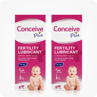Conceive Plus Max Couples Fertility Bundle featuring a 2-pack of 8x4g Fertility Lubricant Pre-Filled Applicators, boxed in pink packaging featuring pH-balanced formula with calcium and magnesium ions to support sperm quality, designed for couples trying to conceive, with a baby illustration on front.