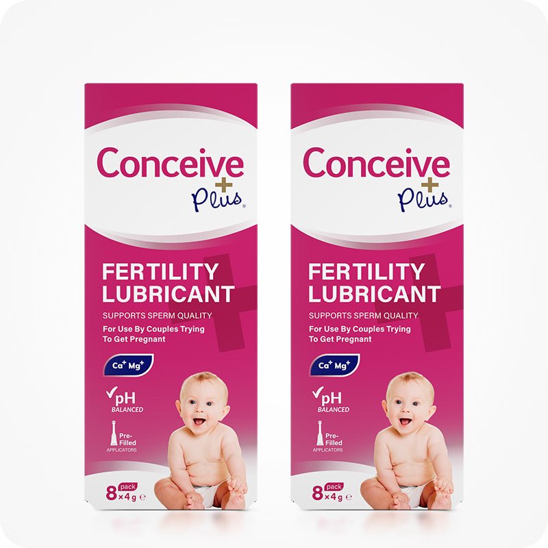 Conceive Plus Max Couples Fertility Bundle featuring a 2-pack of 8x4g Fertility Lubricant Pre-Filled Applicators, boxed in pink packaging featuring pH-balanced formula with calcium and magnesium ions to support sperm quality, designed for couples trying to conceive, with a baby illustration on front.