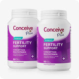 Conceive Plus Max Couples Fertility Bundle featuring a 2-pack of Women’s Fertility Support supplements with purple labels, each bottle containing 60 vegan capsules designed to support conception and reproductive health, presented on a white background.