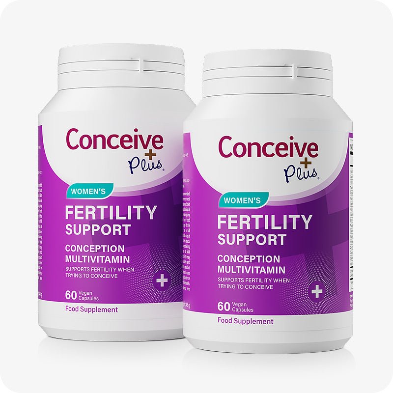 Conceive Plus Max Couples Fertility Bundle featuring a 2-pack of Women’s Fertility Support supplements with purple labels, each bottle containing 60 vegan capsules designed to support conception and reproductive health, presented on a white background.