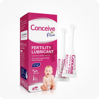 Conceive Plus Max Couples Fertility Bundle featuring 8x4g fertility lubricant pre-filled applicators branded pink retail box with baby graphic, designed to support sperm quality and pH balance, displayed on a white background.