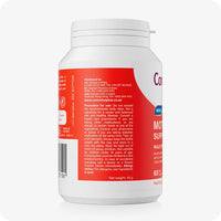 Conceive Plus Max Couples Fertility Bundle featuring side view of Men’s Motility Support supplement bottle with red label, including product precautions, distributor details, and barcode, all clearly printed and displayed on a white background.