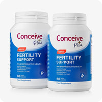 Conceive Plus Max Couples Fertility Bundle featuring a 2-pack of Men’s Fertility Support supplements with blue-labeled bottles, each containing 60 vegan capsules, designed to support male reproductive health, sperm quality, and antioxidant intake, displayed on a white background.