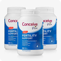 Conceive Plus Max Couples Fertility Bundle featuring a 3-pack of Men's Fertility Support supplements with blue-labeled bottles, each containing 60 vegan capsules formulated with multivitamins and antioxidants including Vitamins C, E, and Zinc to support male reproductive health and sperm quality.