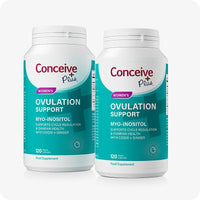 Conceive Plus Max Couples Fertility Bundle featuring a 2-pack of Women's Ovulation Support supplements with teal labels, each bottle offering 120 vegan capsules formulated with Myo-Inositol, CoQ10, and Ginger to support cycle regulation and ovarian health, displayed on a white background.
