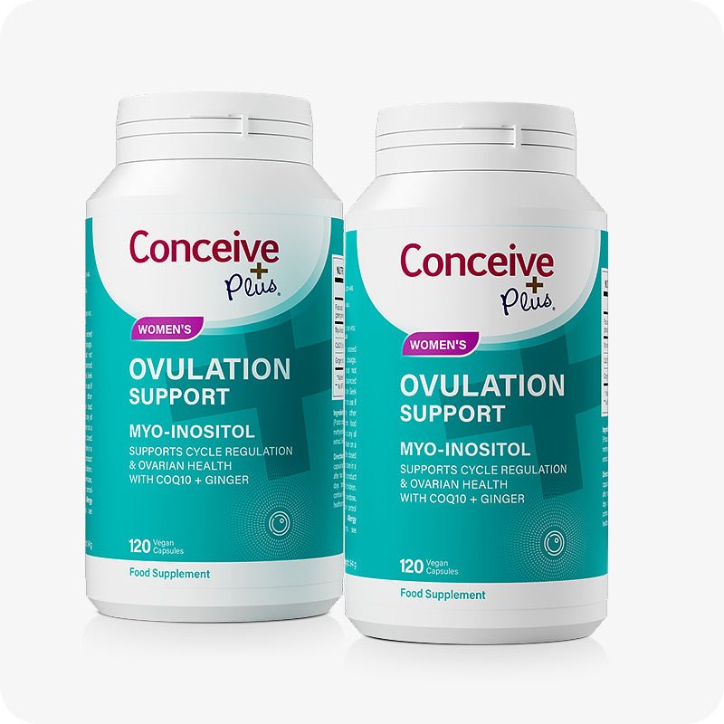Conceive Plus Max Couples Fertility Bundle featuring a 2-pack of Women's Ovulation Support supplements with teal labels, each bottle offering 120 vegan capsules formulated with Myo-Inositol, CoQ10, and Ginger to support cycle regulation and ovarian health, displayed on a white background.
