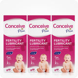 Conceive Plus Max Couples Fertility Bundle featuring a 3-pack of 8x4g pre-filled Fertility Lubricant applicators, each designed to support sperm quality with a pH-balanced formula, calcium and magnesium ions, and packaging with a baby image to emphasize conception aid.