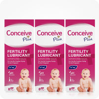 Conceive Plus Max Couples Fertility Bundle featuring a 3-pack of 8x4g pre-filled Fertility Lubricant applicators, each designed to support sperm quality with a pH-balanced formula, calcium and magnesium ions, and packaging with a baby image to emphasize conception aid.