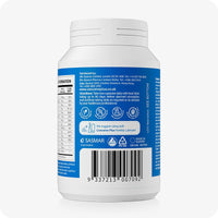Conceive Plus Max Couples Fertility Bundle featuring back label of Men’s Fertility Support supplement bottle with directions for use, nutritional information, distributor details, barcode, and product icons, printed on a blue background.