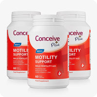 Conceive Plus Max Couples Fertility Bundle featuring a 3-pack of Men's Motility Support bottles in red design, each containing 60 vegan capsules formulated to boost sperm volume, motility, and count with CoQ10, Vitamin D, and Zinc.