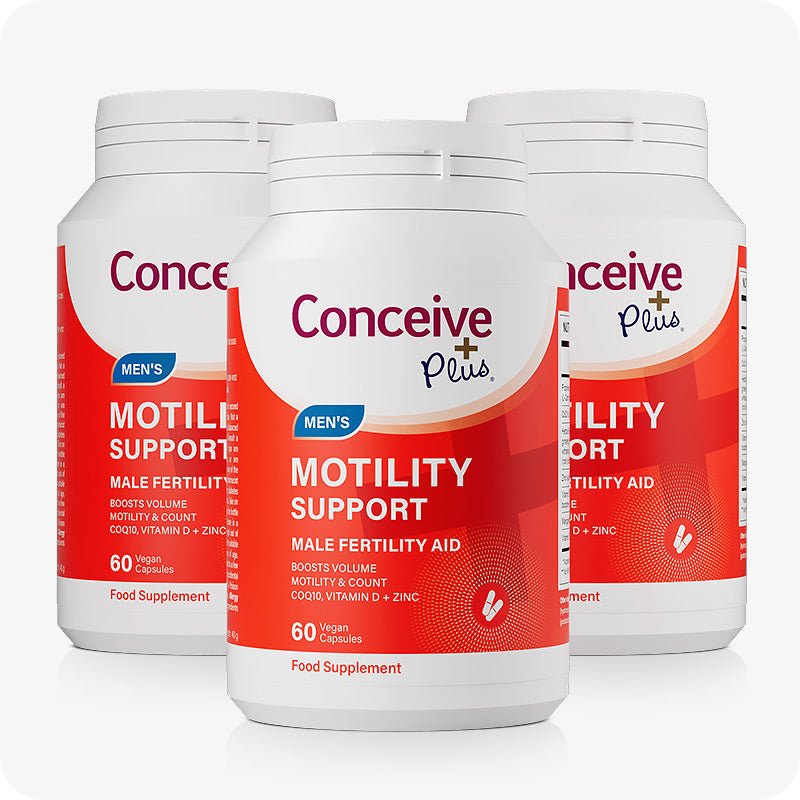 Conceive Plus Max Couples Fertility Bundle featuring a 3-pack of Men's Motility Support bottles in red design, each containing 60 vegan capsules formulated to boost sperm volume, motility, and count with CoQ10, Vitamin D, and Zinc.