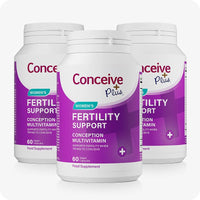 Conceive Plus Max Couples Fertility Bundle featuring a 3-pack of Women's Fertility Support supplements with purple-labeled bottles, each containing 60 vegan capsules designed to support conception with essential multivitamins that promote hormonal balance and fertility health.