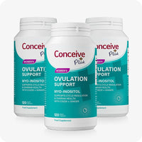 Conceive Plus Max Couples Fertility Bundle featuring a 3-pack of Women's Ovulation Support bottles featuring teal labels, each containing 120 vegan capsules with Myo-Inositol, CoQ10, and Ginger to support cycle regulation and ovarian health.
