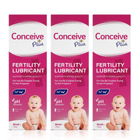 Conceive Plus Max Couples Fertility Bundle featuring a 3-pack of 30ml Fertility Lubricant boxes, each supporting sperm quality with pH-balanced formula, calcium and magnesium ions, and featuring an image of a baby for conception-focused packaging appeal.