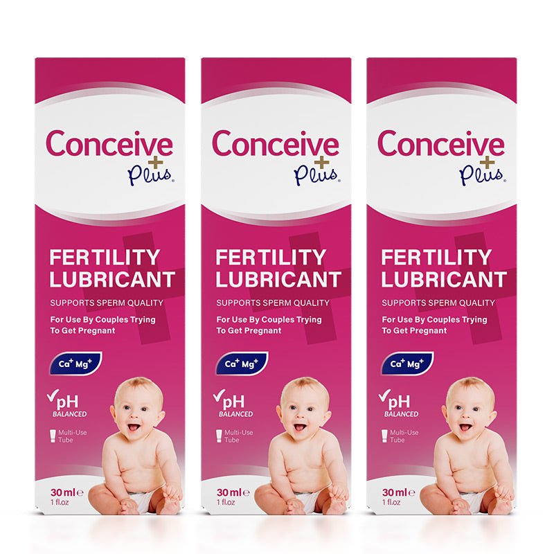 Conceive Plus Max Couples Fertility Bundle featuring a 3-pack of 30ml Fertility Lubricant boxes, each supporting sperm quality with pH-balanced formula, calcium and magnesium ions, and featuring an image of a baby for conception-focused packaging appeal.