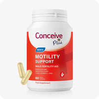 Conceive Plus Max Couples Fertility Bundle featuring Men’s Motility Support supplement bottle with a red label, shown with two beige vegan capsules on a white background, formulated to boost sperm motility, volume, and count with CoQ10, Vitamin D, and Zinc.