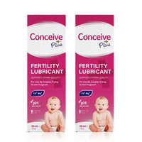 Conceive Plus Max Couples Fertility Bundle featuring 2-pack of 30ml Fertility Lubricant tubes, each boxed in pink packaging and labeled to support sperm quality and conception for couples trying to get pregnant, pH balanced and enriched with calcium and magnesium ions, shown with a baby illustration on front.