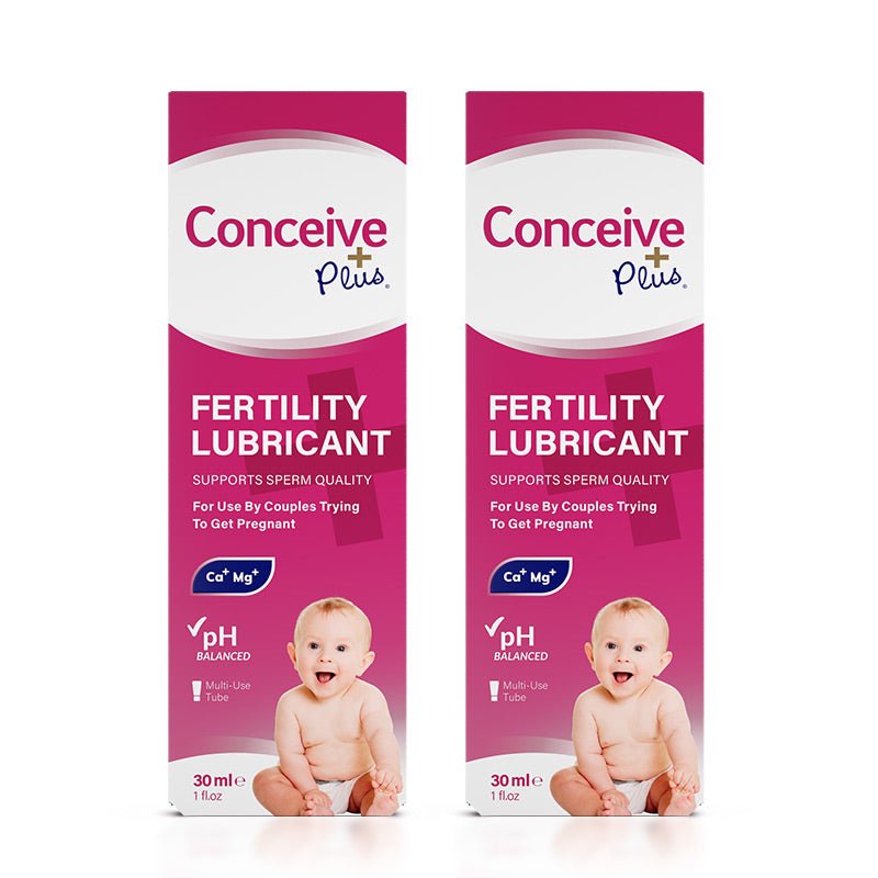 Conceive Plus Max Couples Fertility Bundle featuring 2-pack of 30ml Fertility Lubricant tubes, each boxed in pink packaging and labeled to support sperm quality and conception for couples trying to get pregnant, pH balanced and enriched with calcium and magnesium ions, shown with a baby illustration on front.