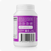 Conceive Plus Max Couples Fertility Bundle featuring back of Women’s Fertility Support supplement bottle with directions for use, nutritional values, suggested pairing with Conceive Plus Fertility Lubricant, and barcode, displayed on a purple label background.