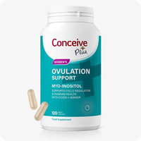 Conceive Plus Max Couples Fertility Bundle featuring Women’s Ovulation Support bottle with a teal label, displayed with two beige vegan capsules, formulated with Myo-Inositol, CoQ10, and Ginger to support cycle regulation and ovarian health, shown on a white background.