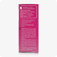 Conceive Plus Max Couples Fertility Bundle featuring side panel of fertility lubricant pre-filled applicator box, detailing product benefits, patented formula highlights, usage directions, and safety indications in white text over a pink background.