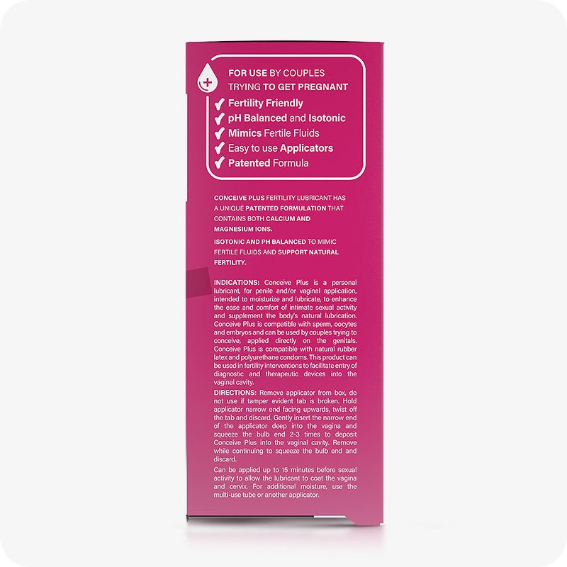Conceive Plus Max Couples Fertility Bundle featuring side panel of fertility lubricant pre-filled applicator box, detailing product benefits, patented formula highlights, usage directions, and safety indications in white text over a pink background.