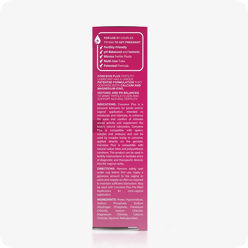 Conceive Plus Max Couples Fertility Bundle featuring side view of 30ml fertility lubricant box, displaying key benefits, usage directions, patented formula description, and complete ingredient list in white text on a pink background.