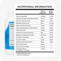 Conceive Plus Men's Fertility Support supplement facts label showing ingredients per 2 capsules, including vitamins A, B-complex, C, E, magnesium, zinc, selenium, iron, folate, maca root, green tea extract, and a proprietary blend with L-Arginine and L-Carnitine.
