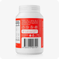 Back view of Conceive Plus Motility Support supplement bottle for men, showcasing usage directions, clean-label icons, and barcode. Red background highlights its pairing suggestion with Conceive Plus Men's Fertility Support.